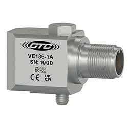A stainless steel, standard size, side exit VE136 piezo velocity vibration sensor, engraved with the CTC Line logo, part number, serial number, and CE and UKCA certification markings.